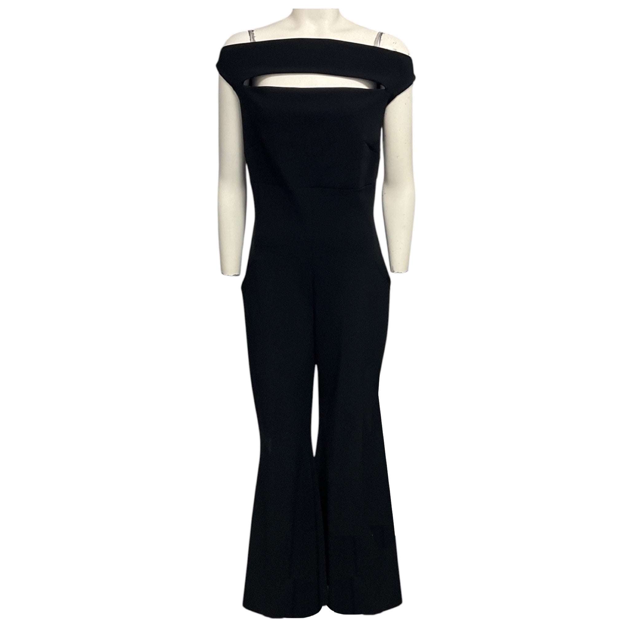 Chiara Boni La Petite Robe Black Flare Leg Nylon Stretch Jumpsuit with Cut Out Detail