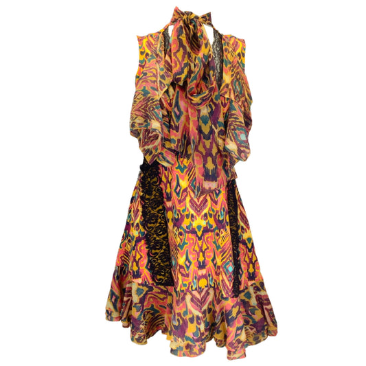 Prabal Gurung Multicolored Printed Tie-Neck Lace Trimmed Silk Dress
