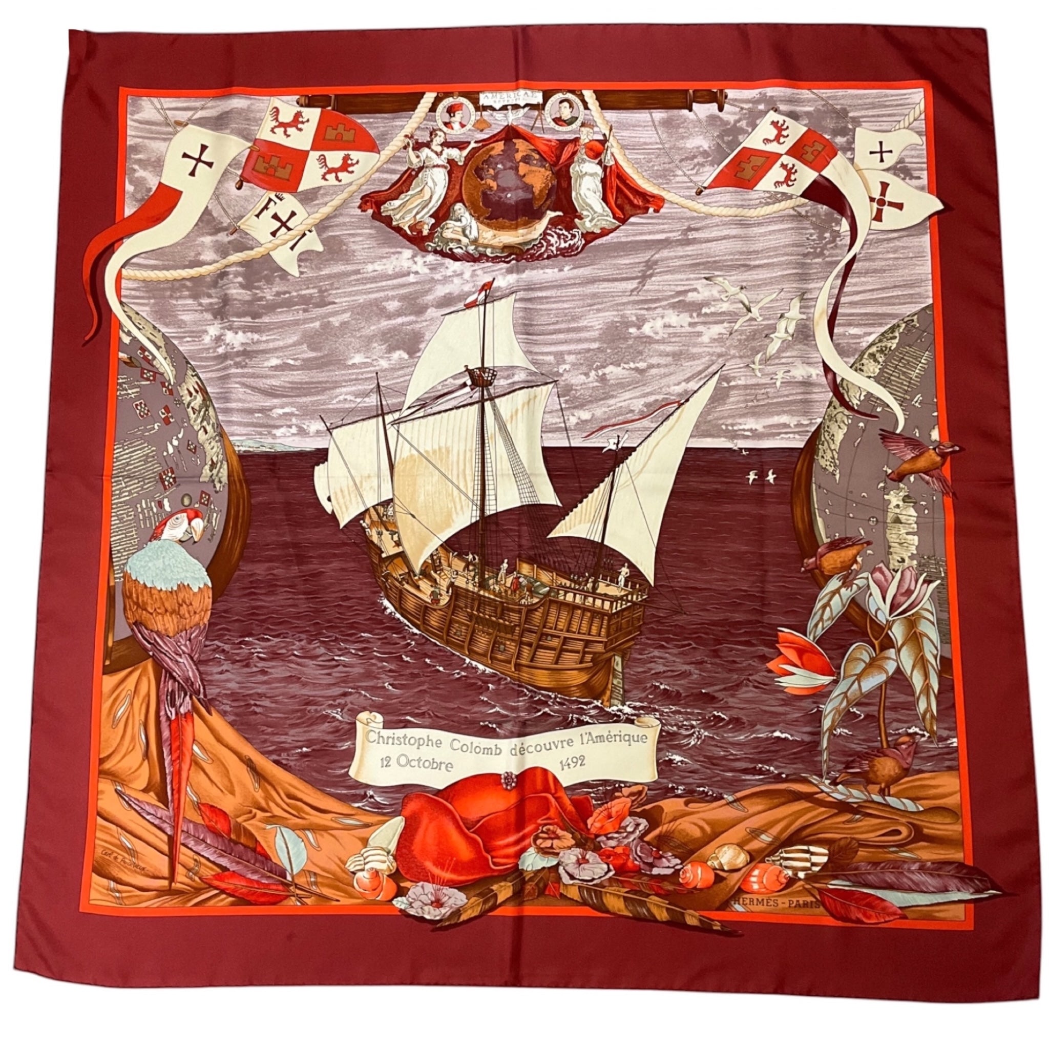 Hermes Burgundy Multi Christophe Colomb Decouvre l’Amerique Square Silk Twill Scarf