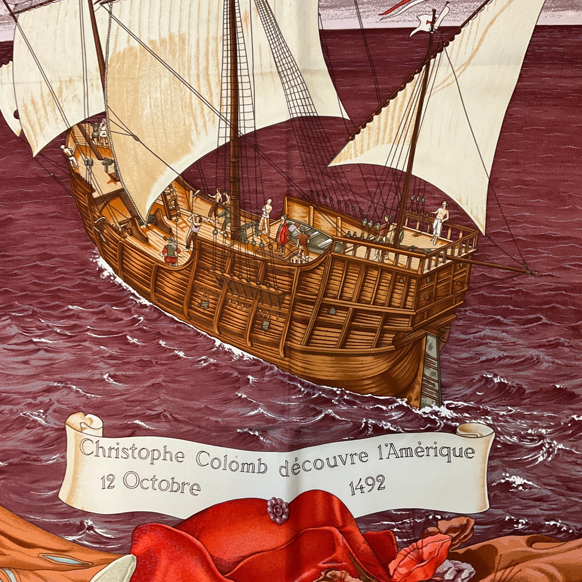 Hermes Burgundy Multi Christophe Colomb Decouvre l’Amerique Square Silk Twill Scarf