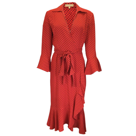 Michael Kors Collection Red / Black Polka Dot Printed Long Sleeved Wrap Dress