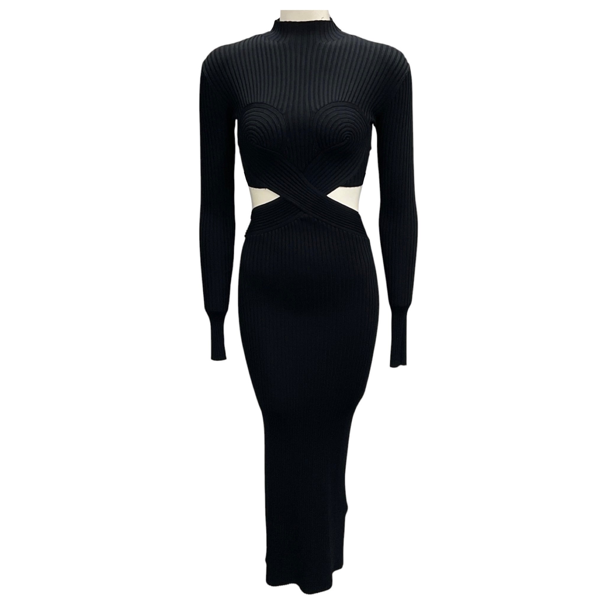 Dion Lee Black Cut Out Detail Long Sleeved Ribbed Knit Midi Dress