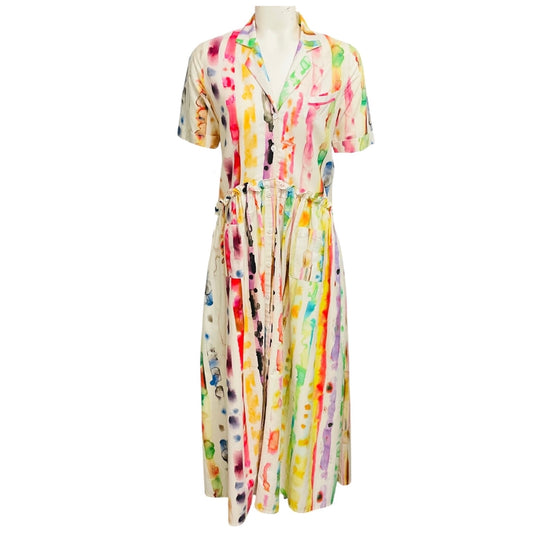 Rosie Assoulin Ivory Multi Watercolor Print Short Sleeved Midi Dress