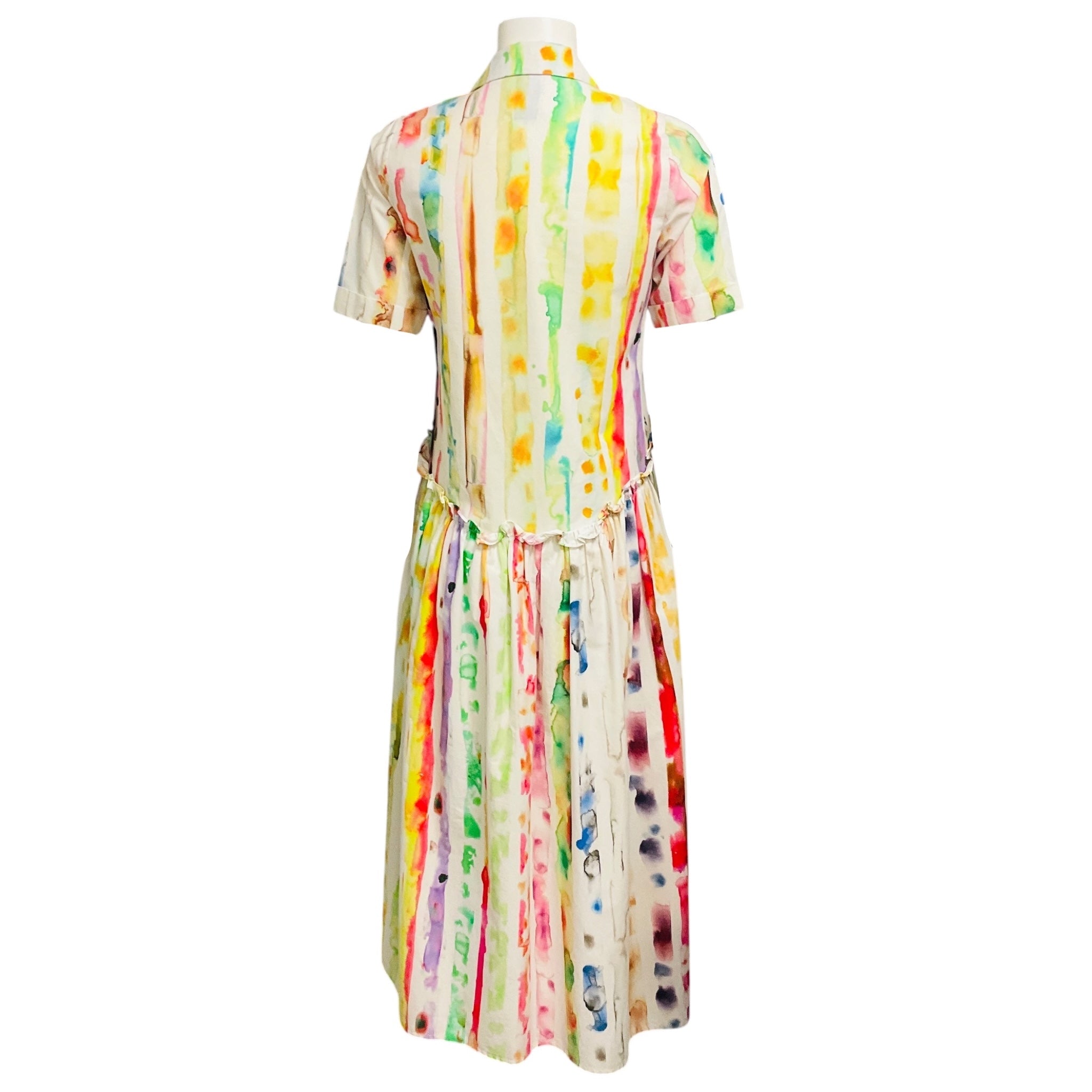 Rosie Assoulin Ivory Multi Watercolor Print Short Sleeved Midi Dress