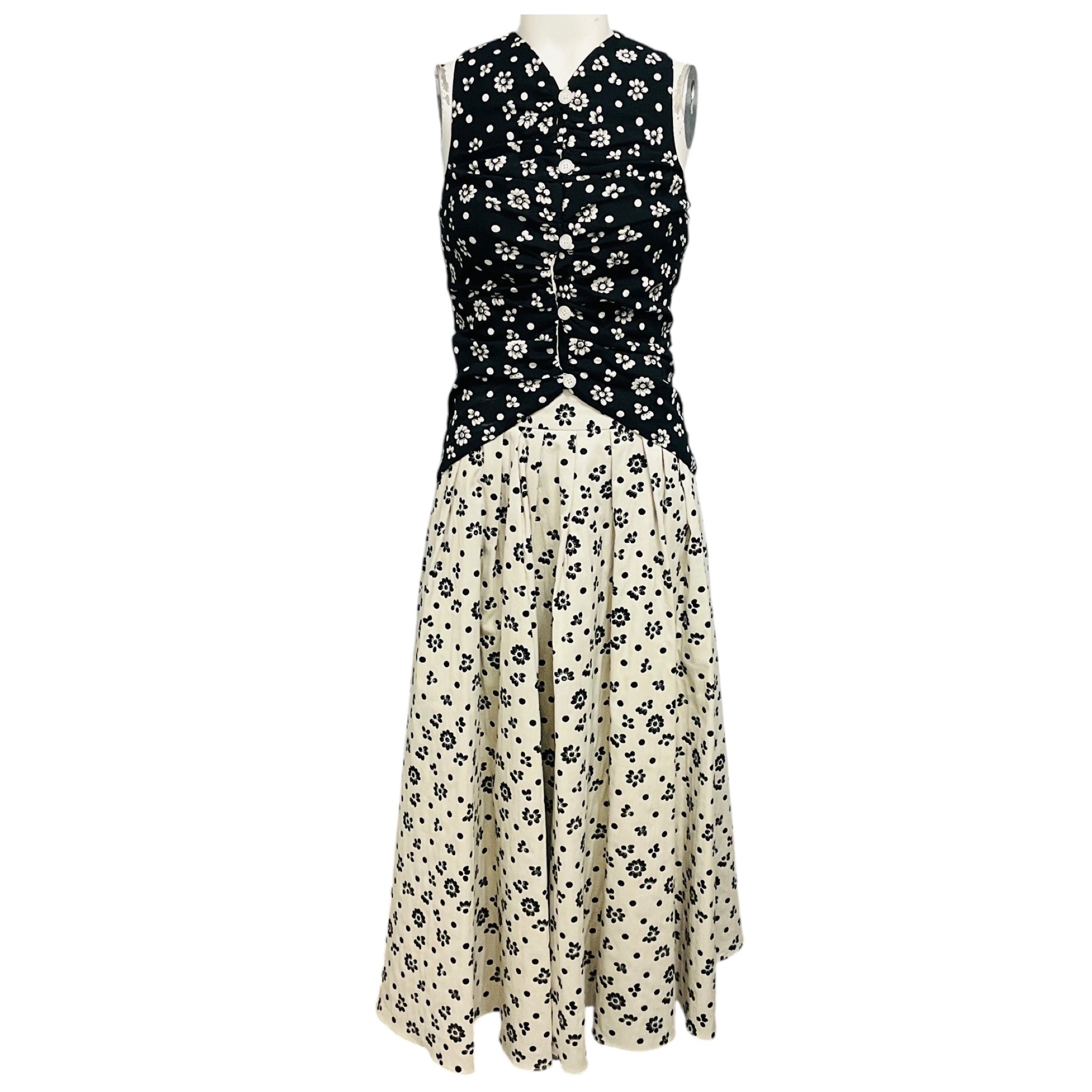 Rosie Assoulin Cream / Black All Buttoned Up Floral Vest Top and Floral Gathered Skirt