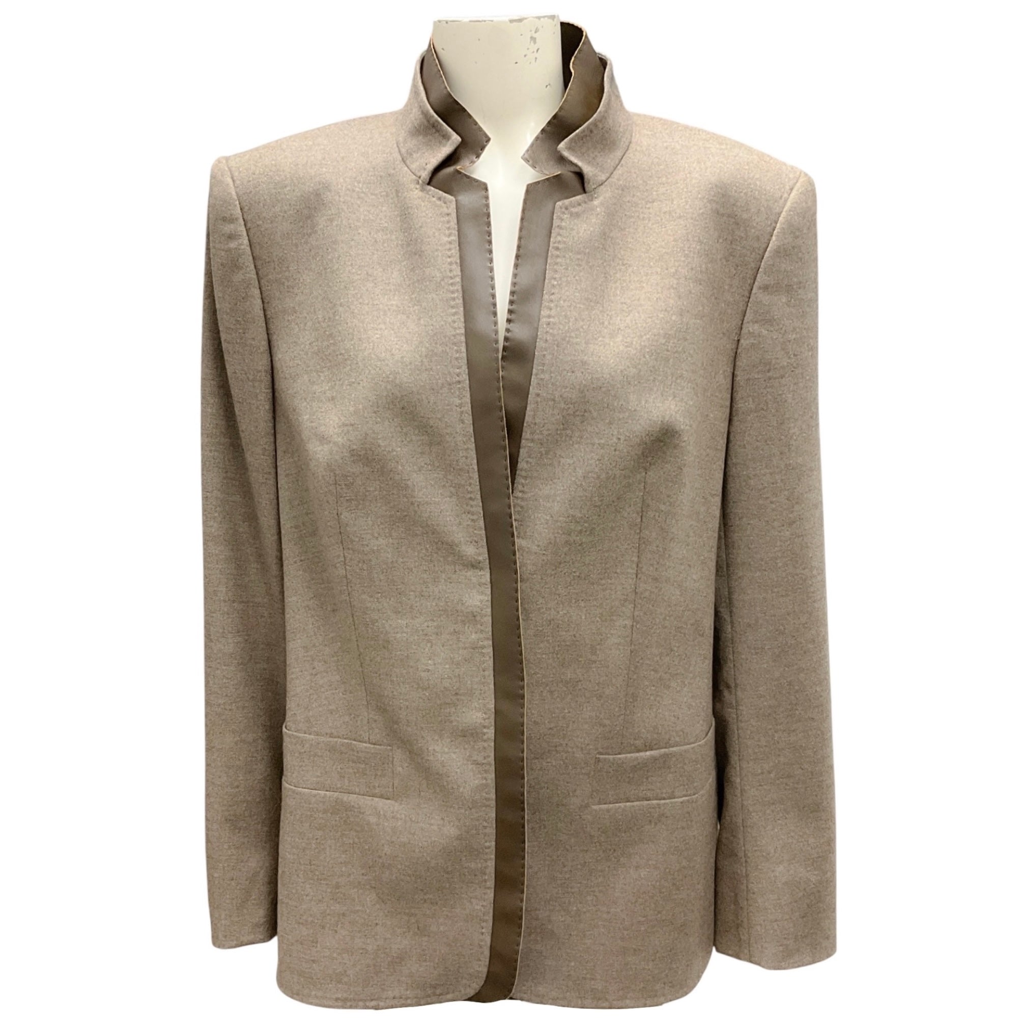Escada Taupe Faux Leather Trimmed Wool Blazer