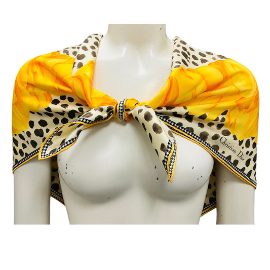 Christian Dior Yellow Multi Printed Square Silk Twill Scarf