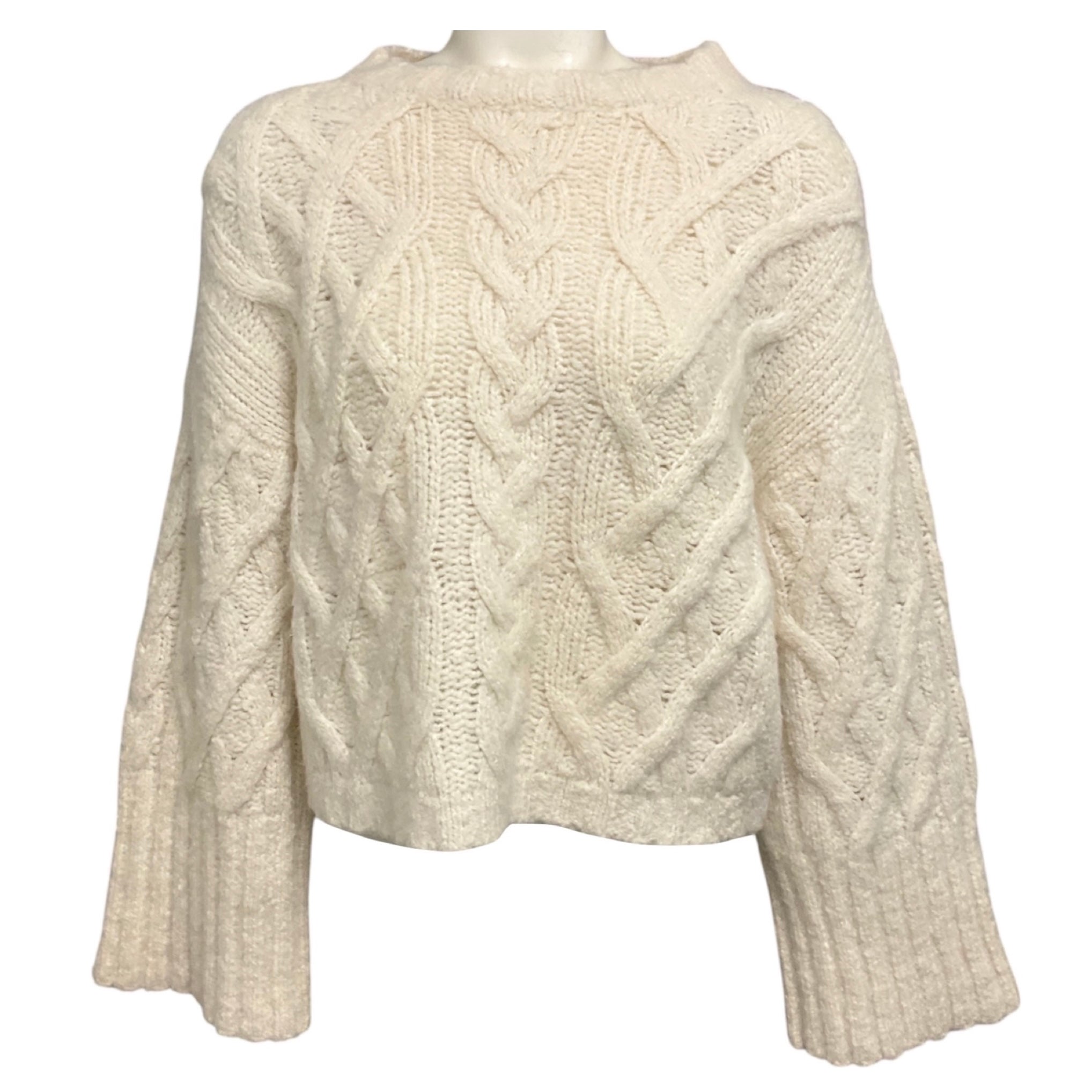Brunello Cucinelli Ivory Long Sleeved Cable Knit Cashmere and Silk Sweater