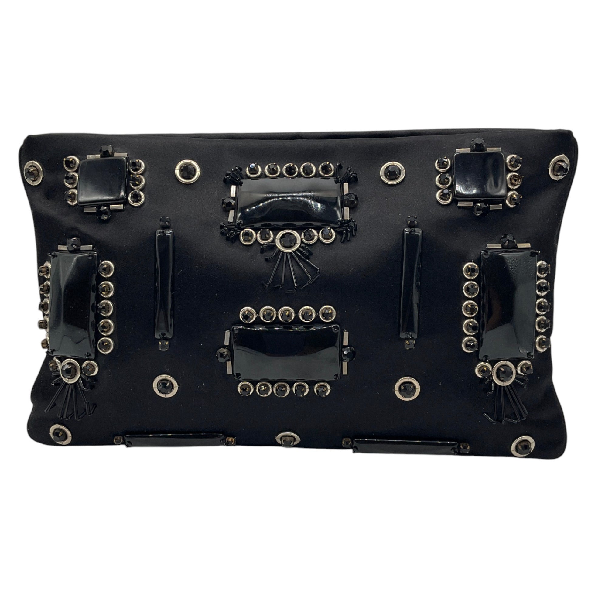 Prada Black Raso Ricamo Embellished Satin Pochette / Clutch