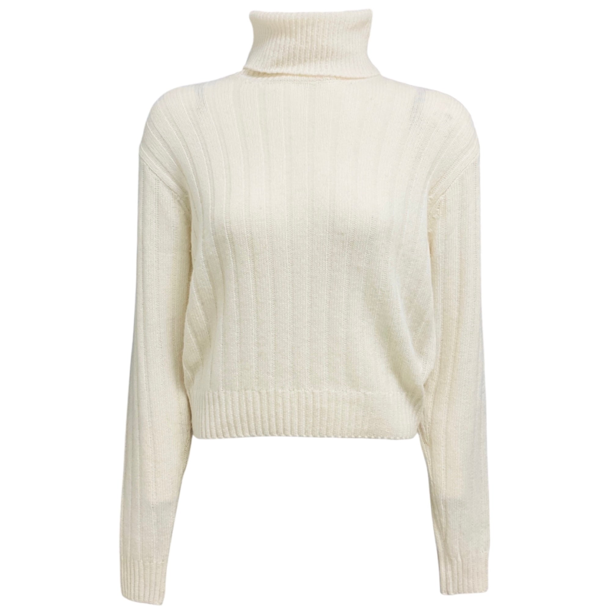 Prada Ivory Long Sleeved Ribbed Knit Re-Cashmere Turtleneck Sweater