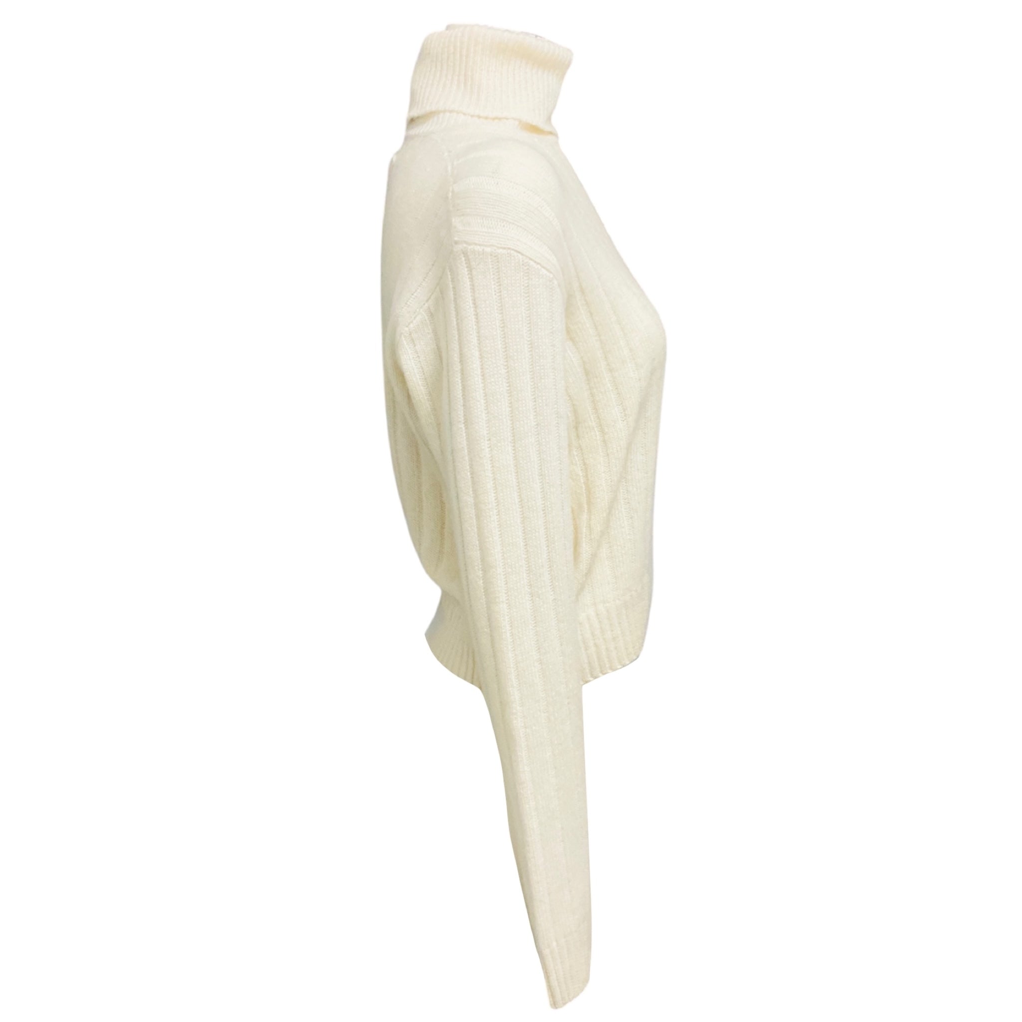 Prada Ivory Long Sleeved Ribbed Knit Re-Cashmere Turtleneck Sweater