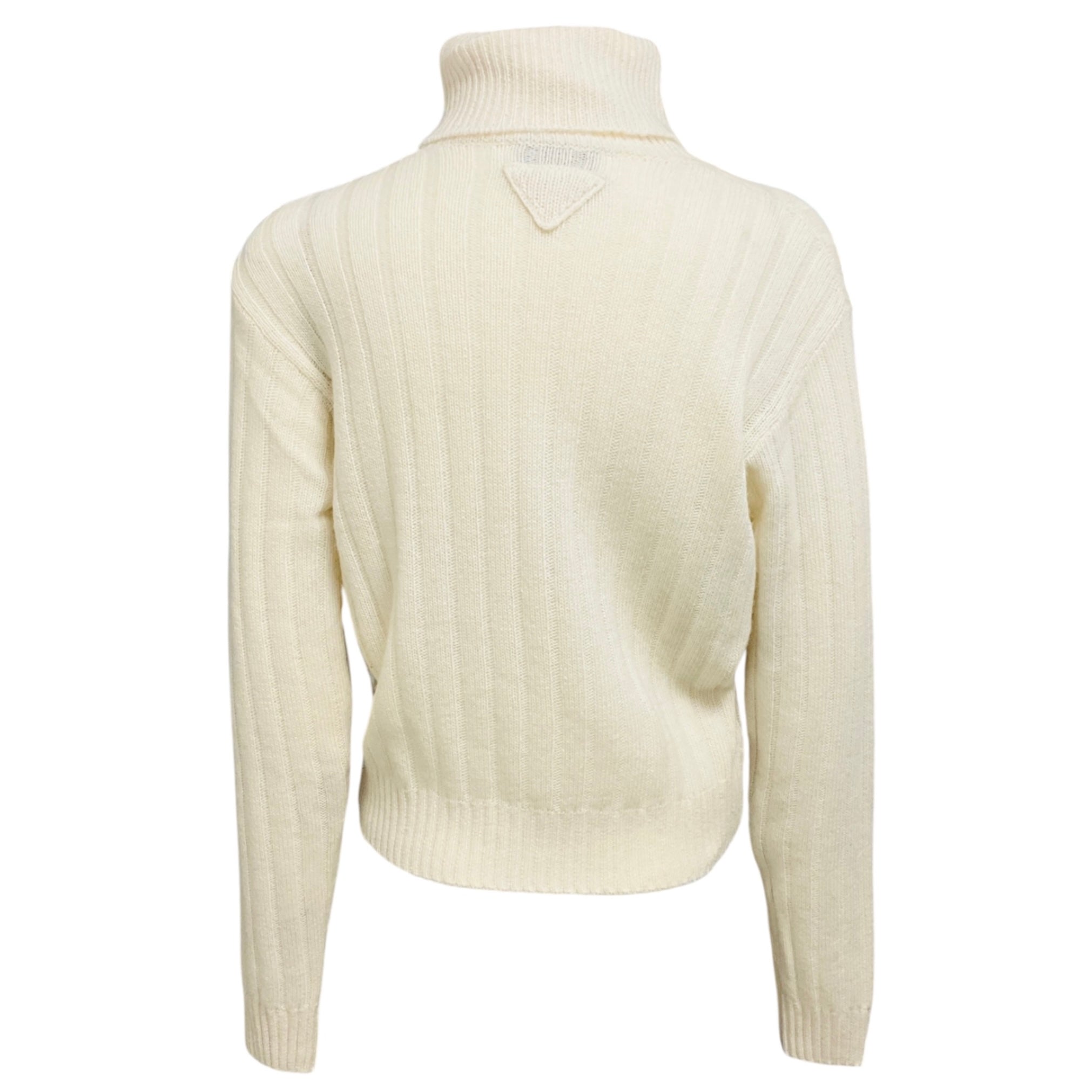 Prada Ivory Long Sleeved Ribbed Knit Re-Cashmere Turtleneck Sweater