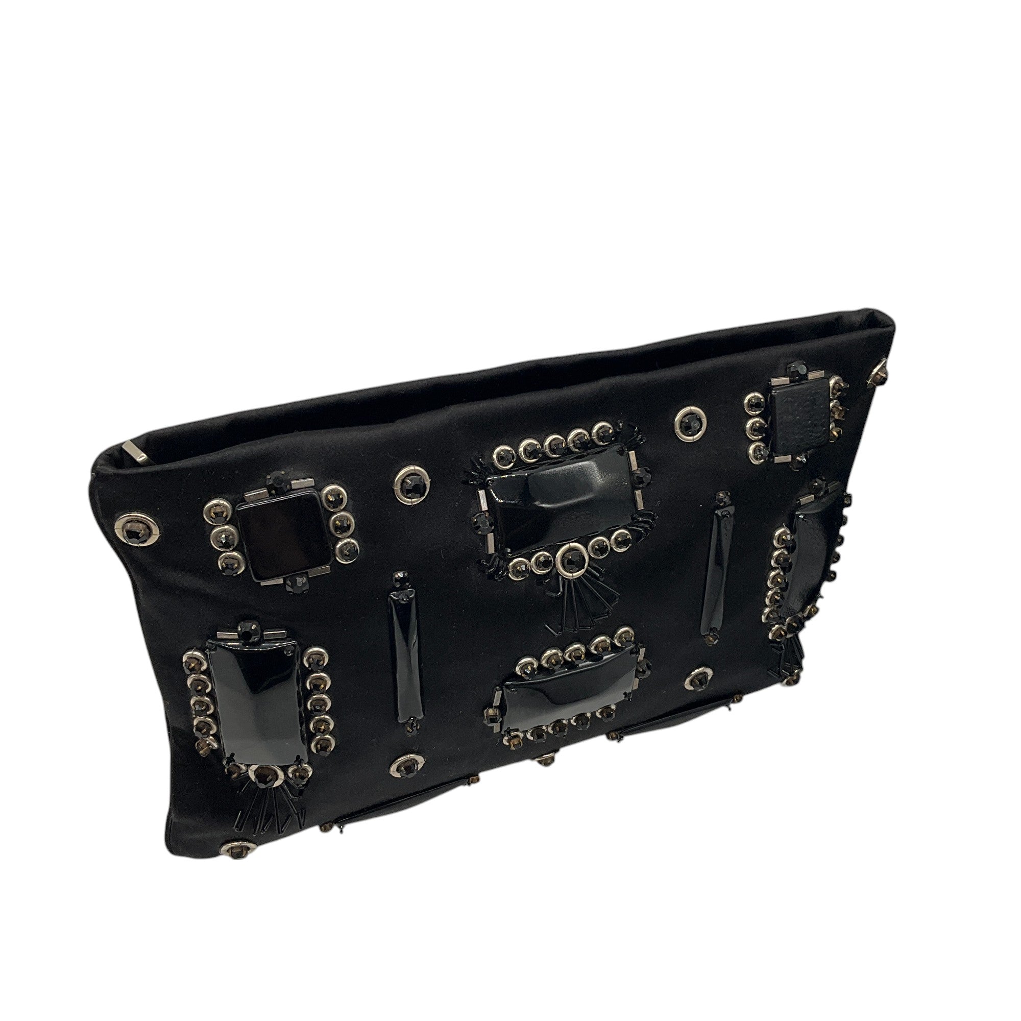 Prada Black Raso Ricamo Embellished Satin Pochette / Clutch