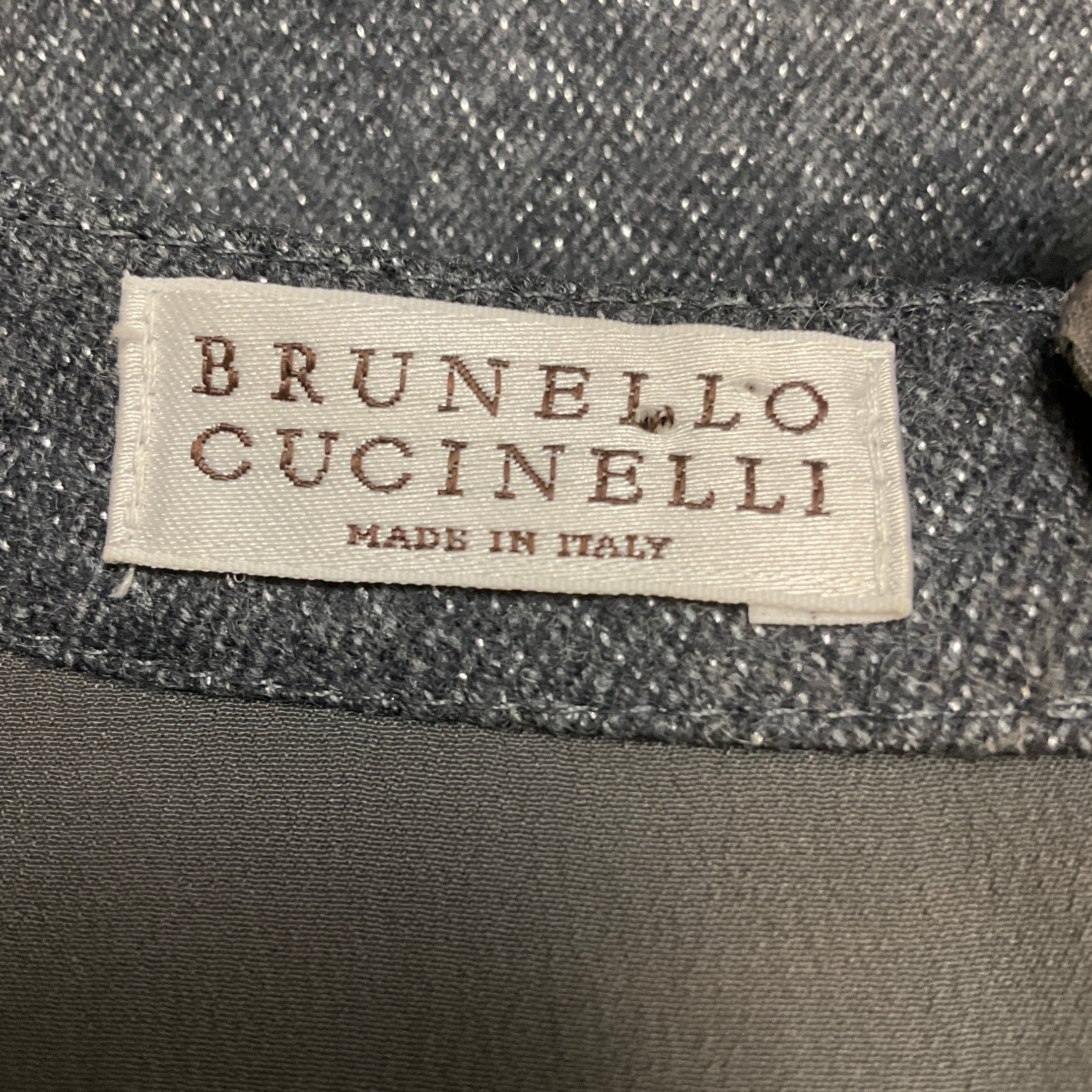 Brunello Cucinelli Charcoal Grey / Silver Metallic Shimmer Short Sleeved Flared Hem Dress with Monili