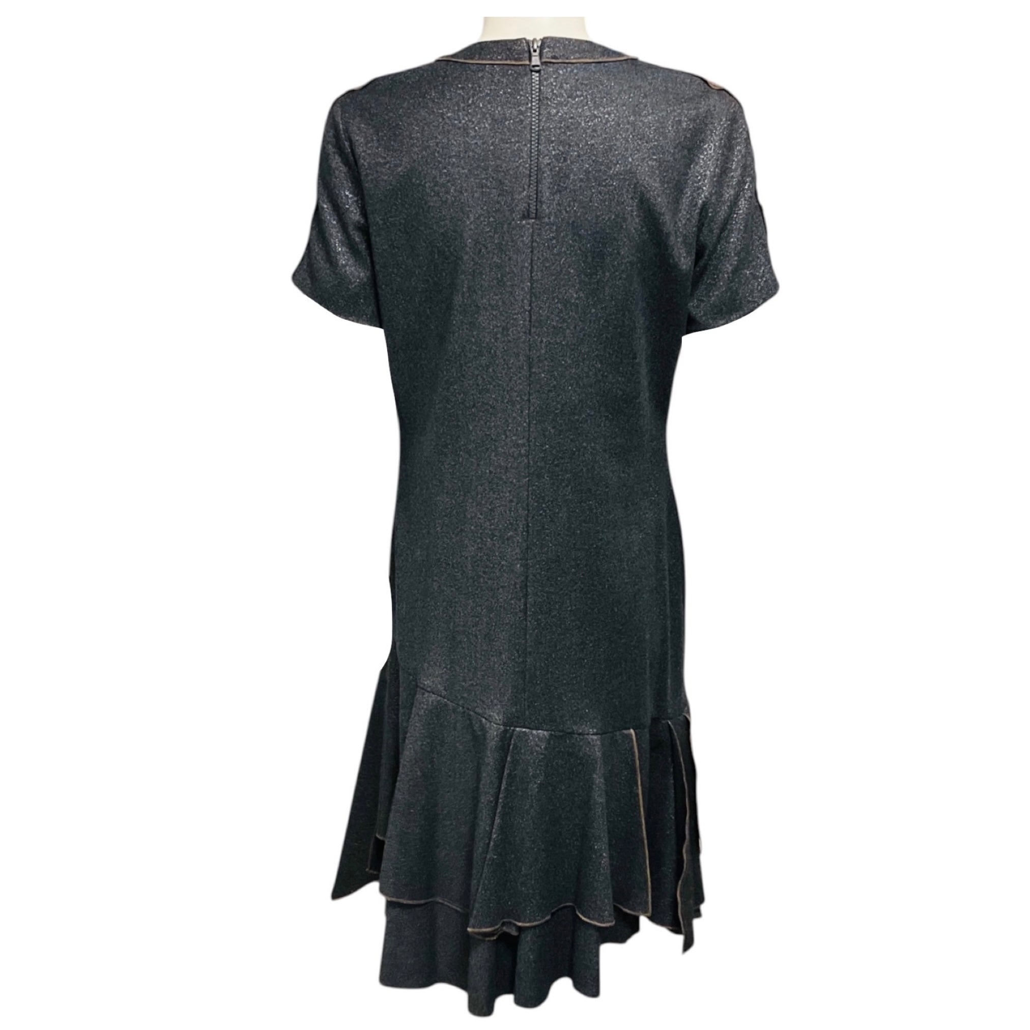 Brunello Cucinelli Charcoal Grey / Silver Metallic Shimmer Short Sleeved Flared Hem Dress with Monili