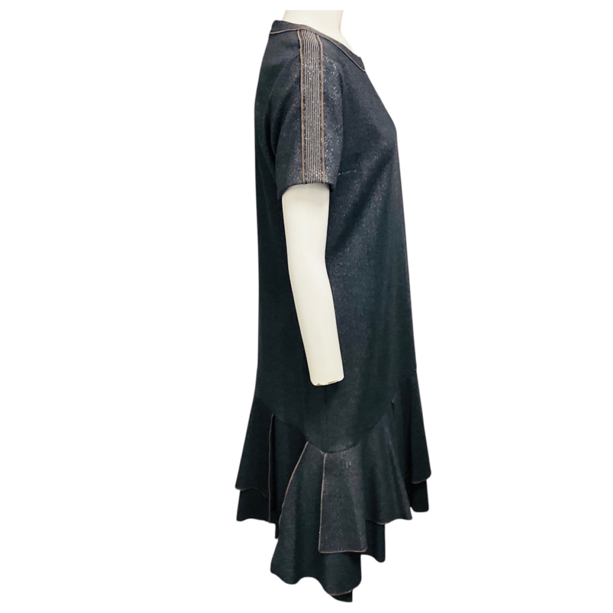 Brunello Cucinelli Charcoal Grey / Silver Metallic Shimmer Short Sleeved Flared Hem Dress with Monili