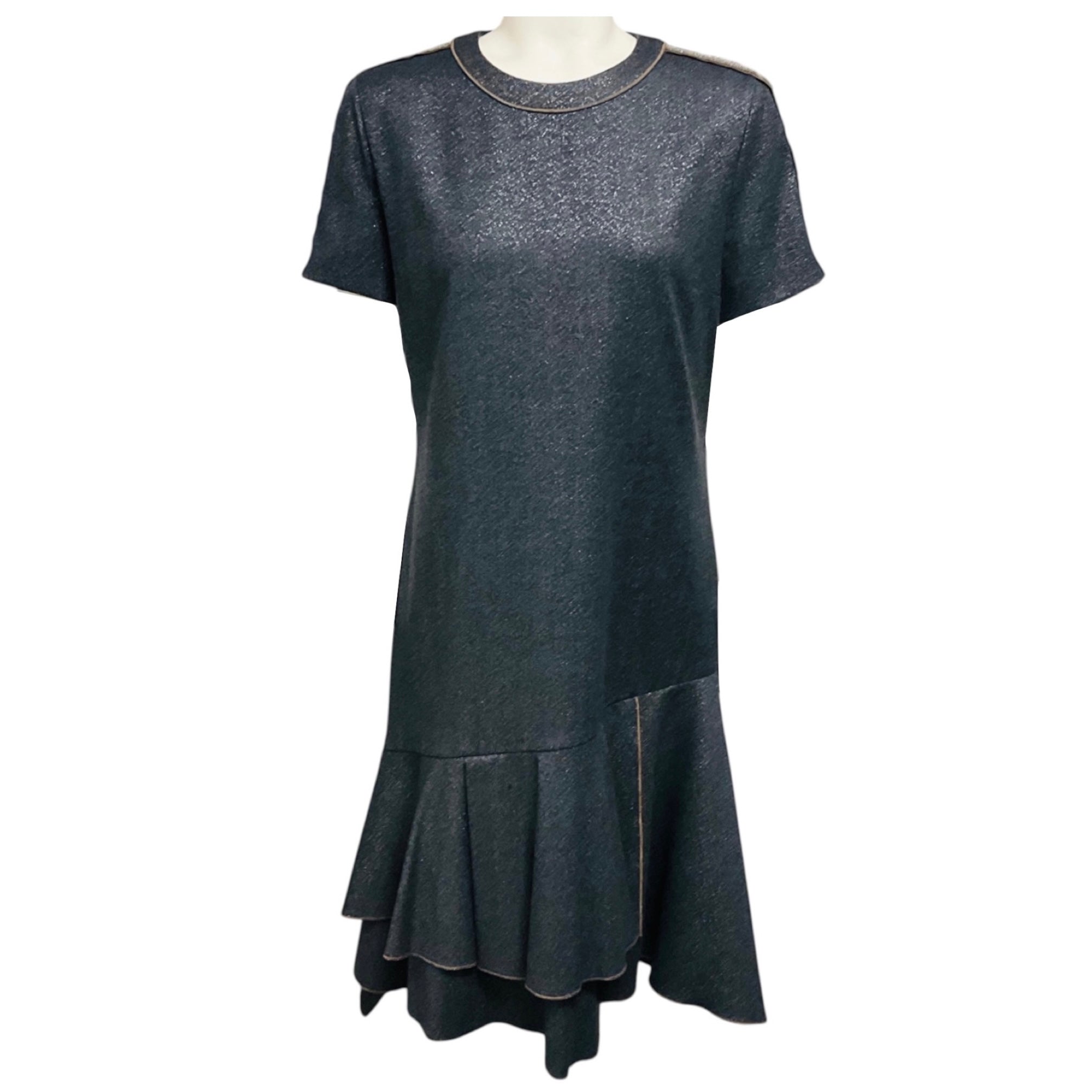 Brunello Cucinelli Charcoal Grey / Silver Metallic Shimmer Short Sleeved Flared Hem Dress with Monili