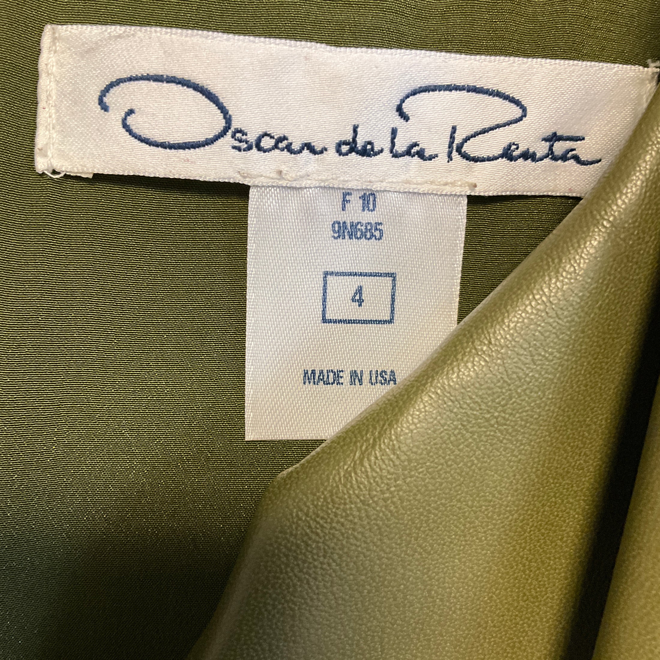 Oscar de la Renta Olive Green Ruffled Short Sleeved Leather Midi Dress