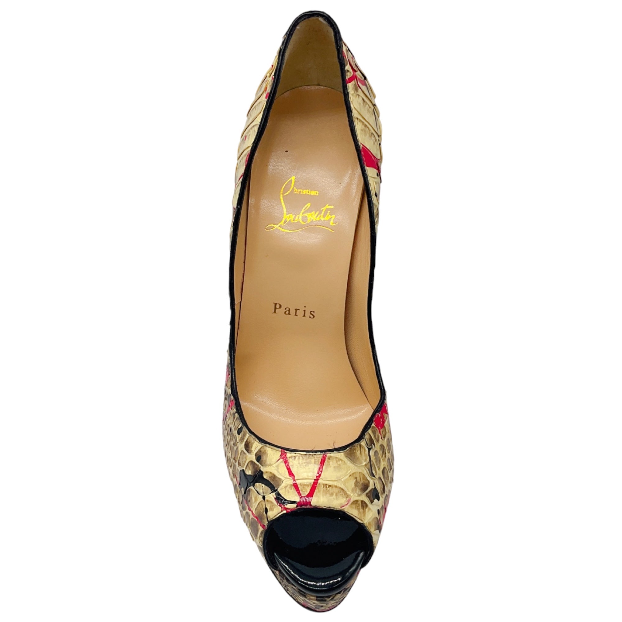 Christian Louboutin Cream / Pink Multi Python Paint Splatter Lady Peep 150 Pumps