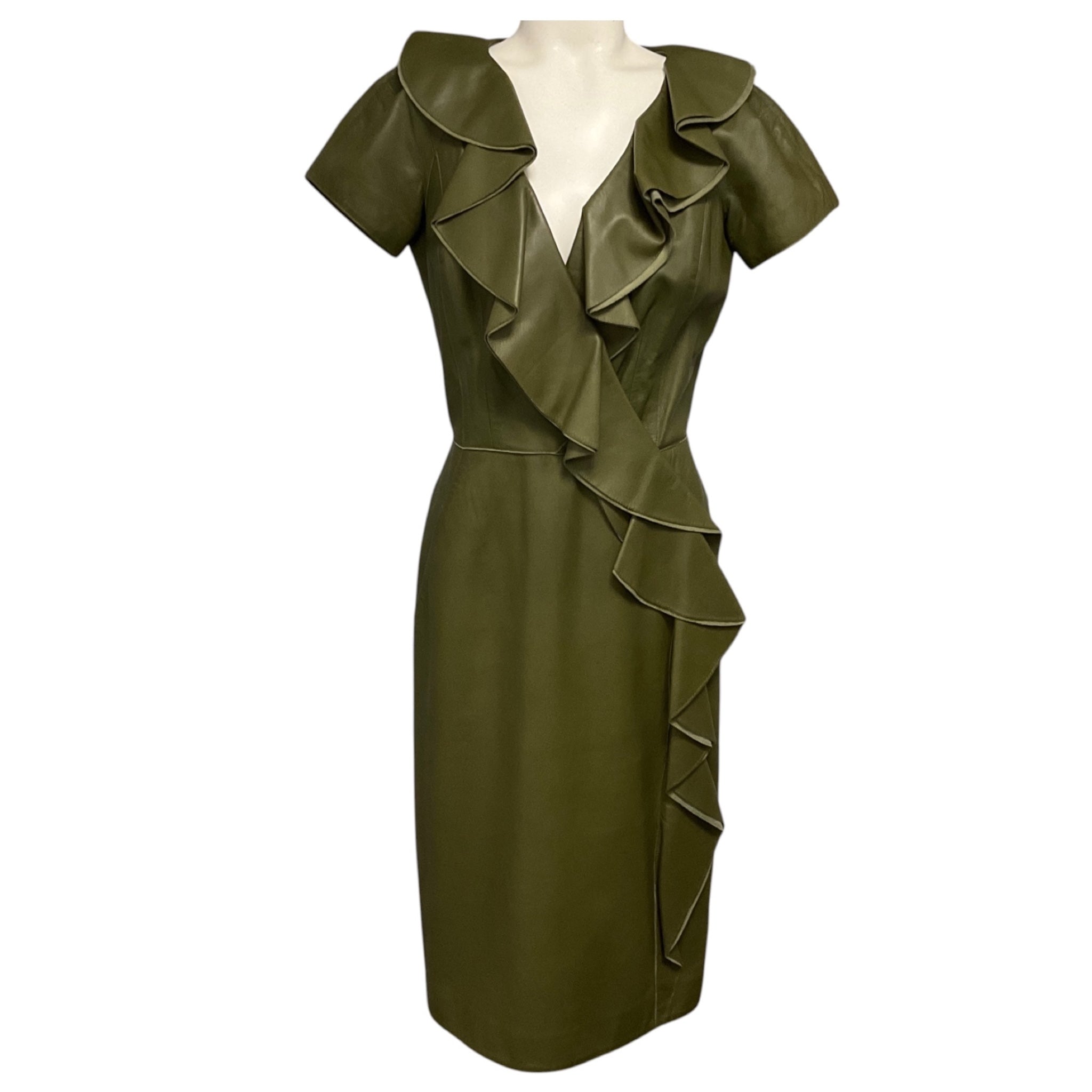 Oscar de la Renta Olive Green Ruffled Short Sleeved Leather Midi Dress