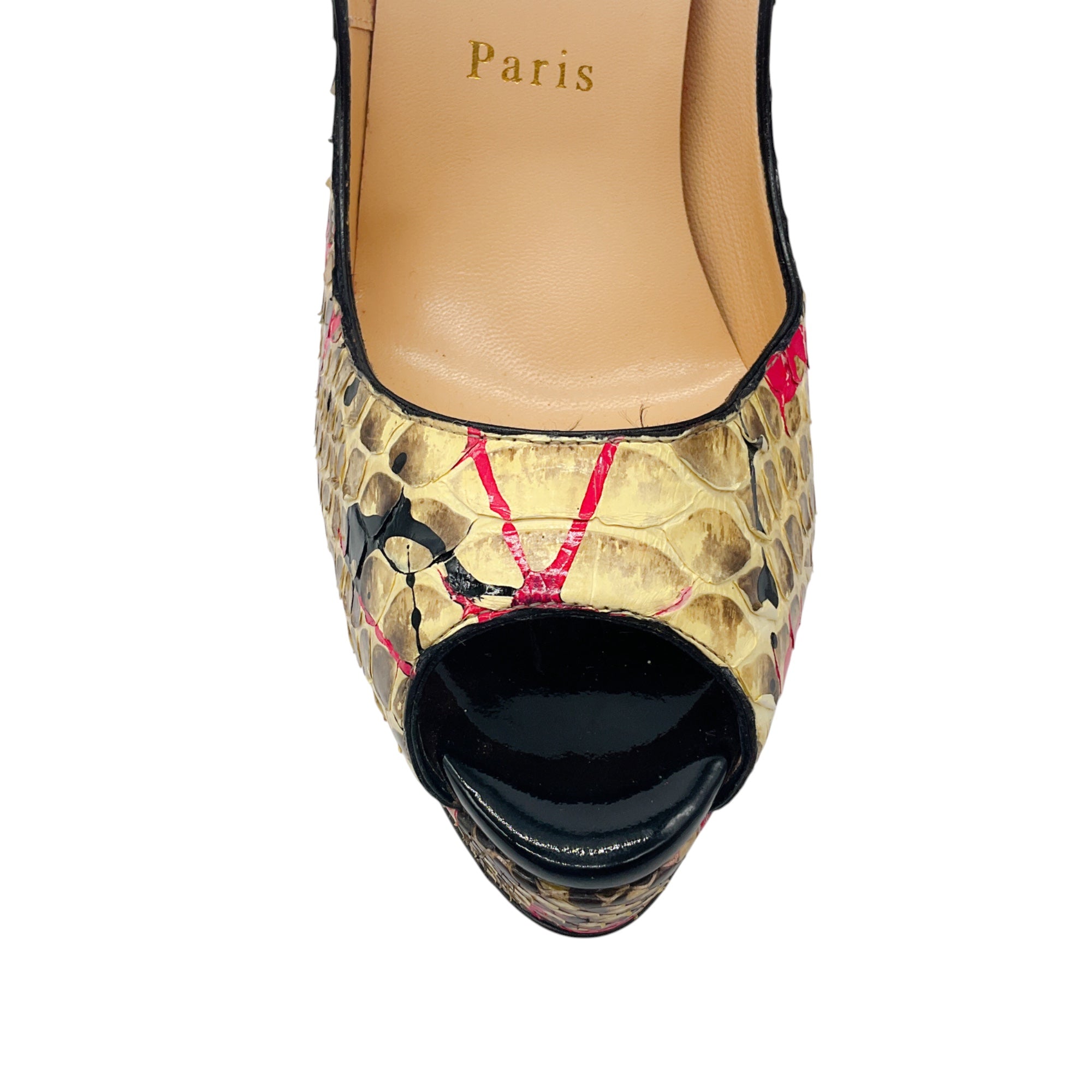 Christian Louboutin Cream / Pink Multi Python Paint Splatter Lady Peep 150 Pumps