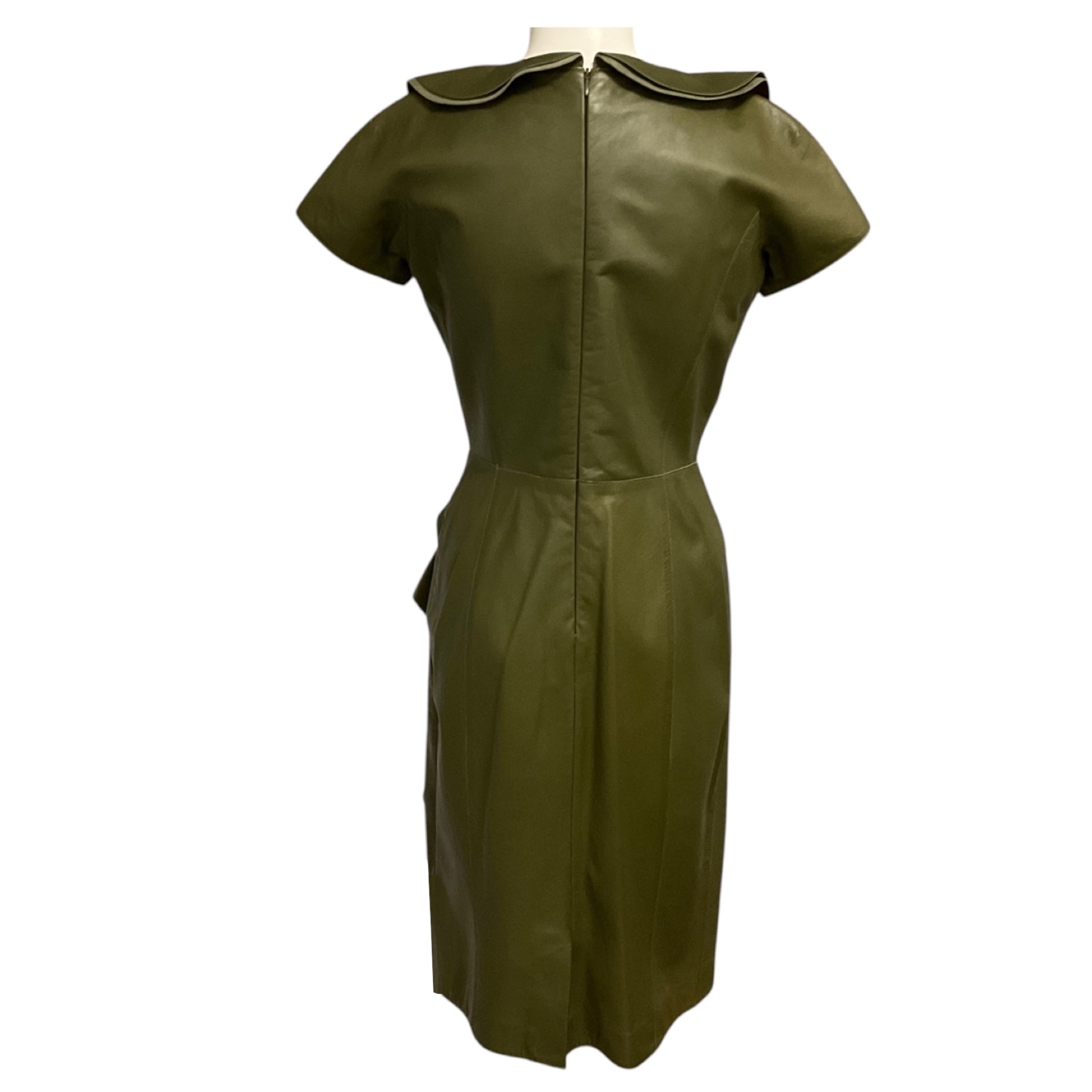 Oscar de la Renta Olive Green Ruffled Short Sleeved Leather Midi Dress
