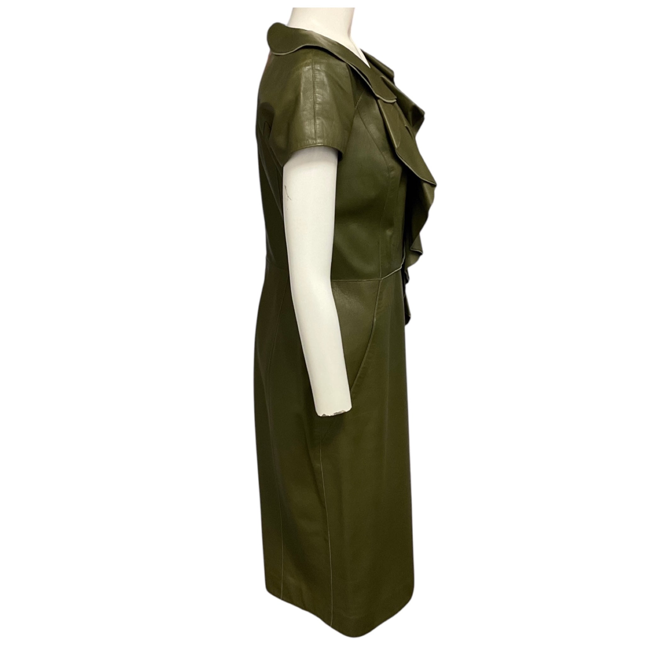 Oscar de la Renta Olive Green Ruffled Short Sleeved Leather Midi Dress