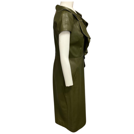 Oscar de la Renta Olive Green Ruffled Short Sleeved Leather Midi Dress