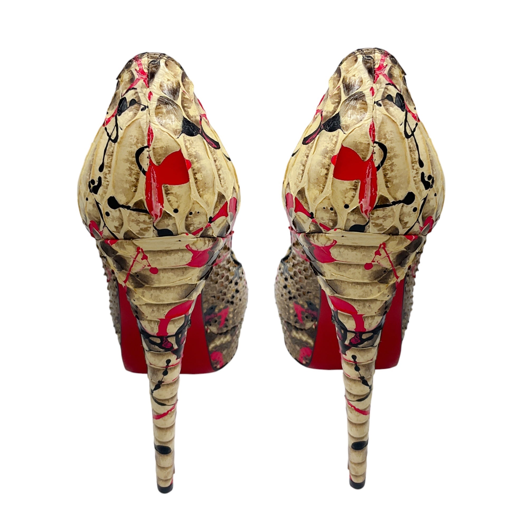 Christian Louboutin Cream / Pink Multi Python Paint Splatter Lady Peep 150 Pumps