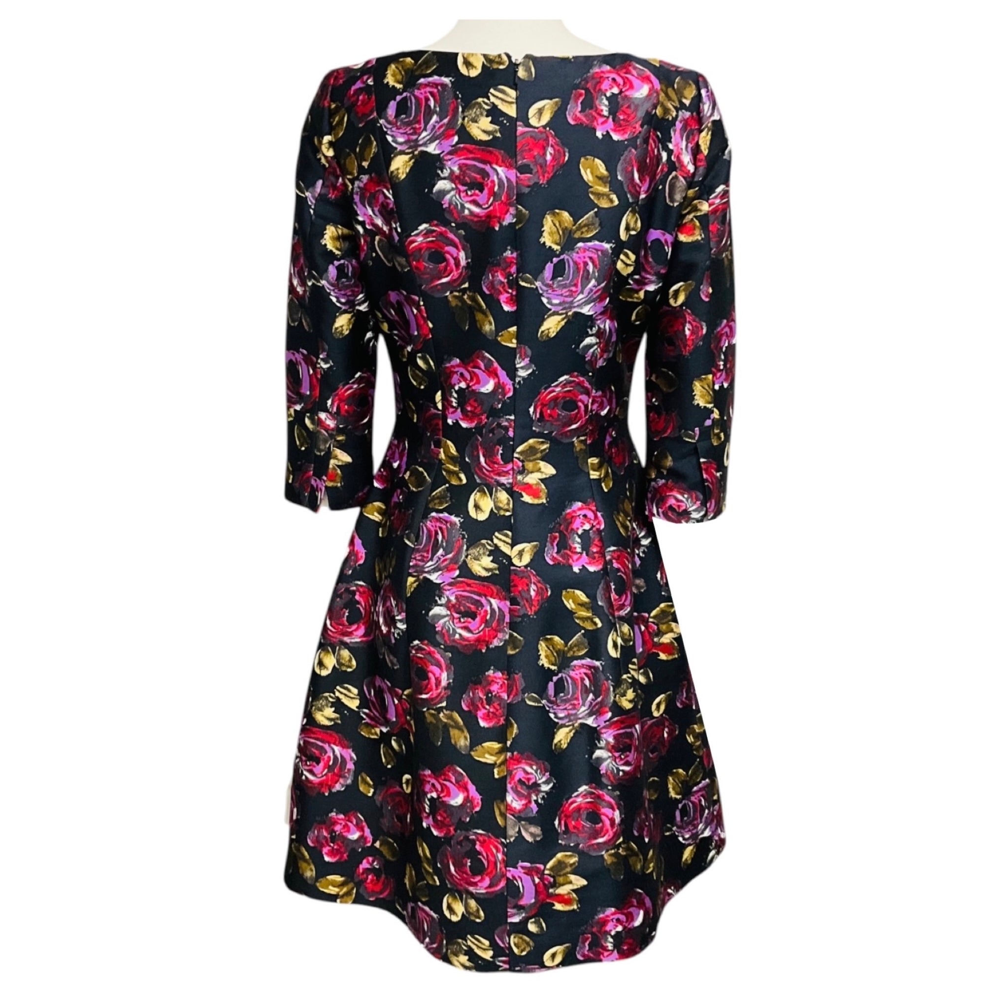 Oscar de la Renta Navy Blue Multi Floral Jacquard Flared Cocktail Dress