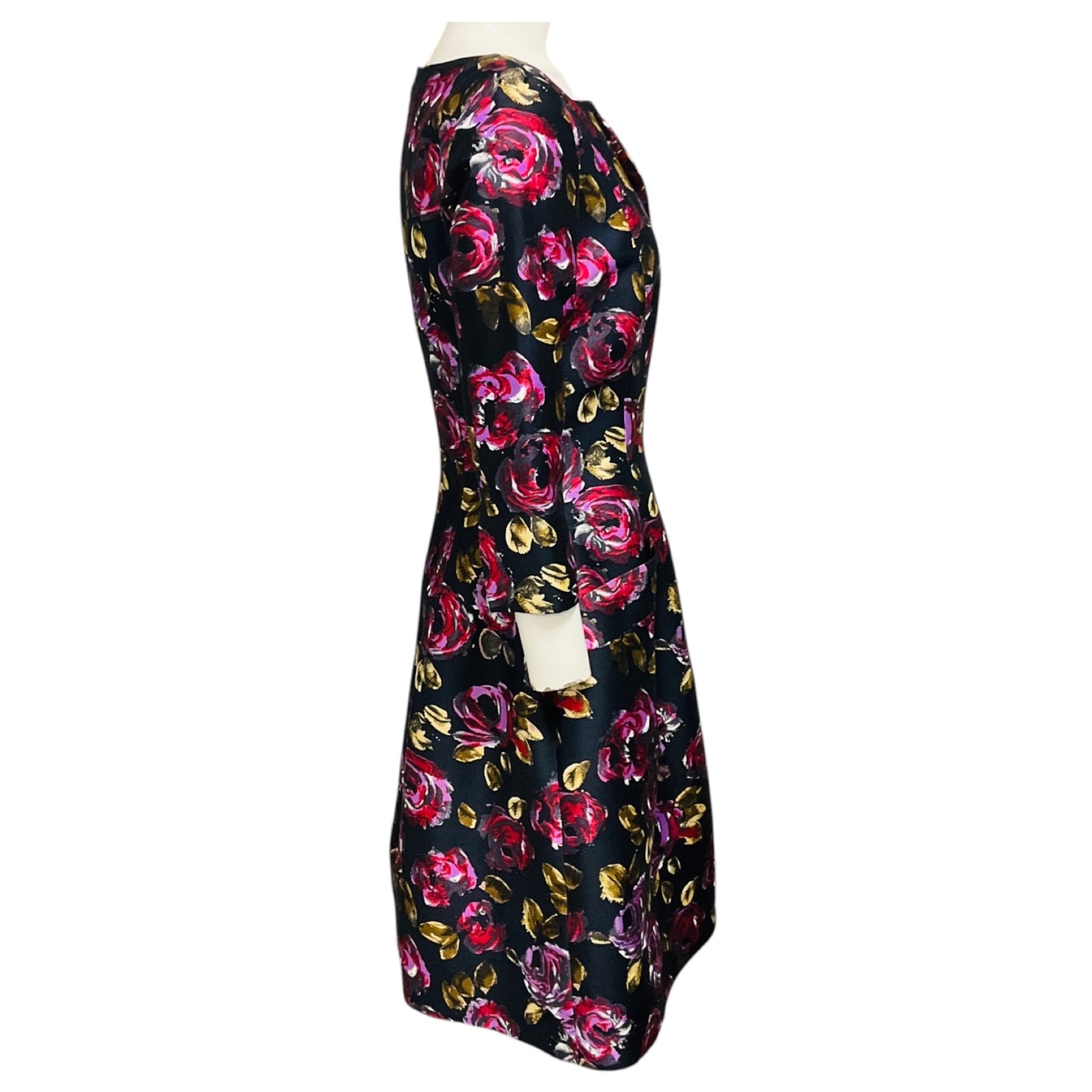 Oscar de la Renta Navy Blue Multi Floral Jacquard Flared Cocktail Dress