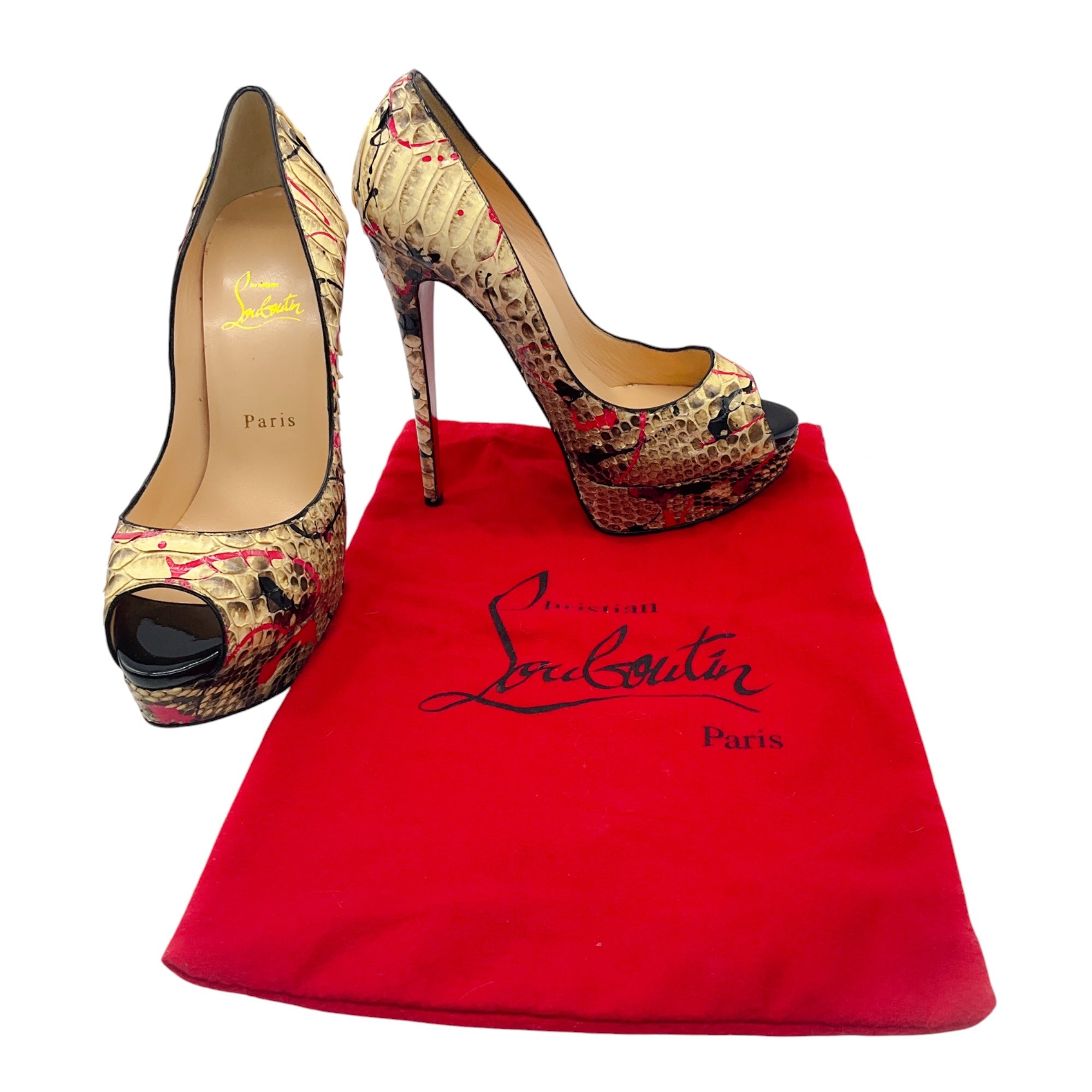Christian Louboutin Cream / Pink Multi Python Paint Splatter Lady Peep 150 Pumps