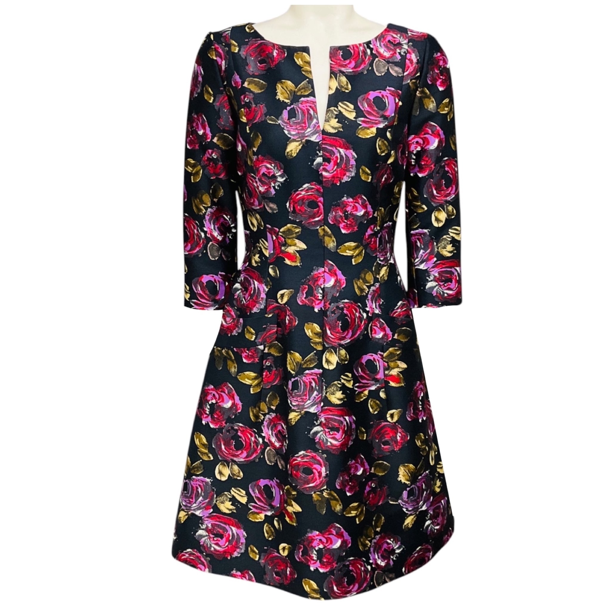 Oscar de la Renta Navy Blue Multi Floral Jacquard Flared Cocktail Dress