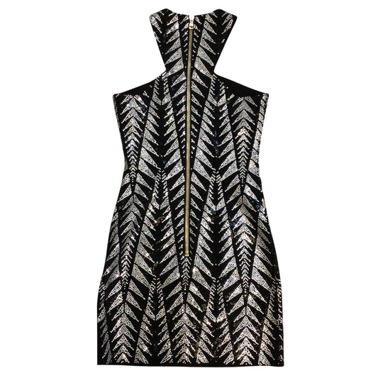 Balmain Black / Silver Crystal Embellished Zip Back Halter Mini Dress