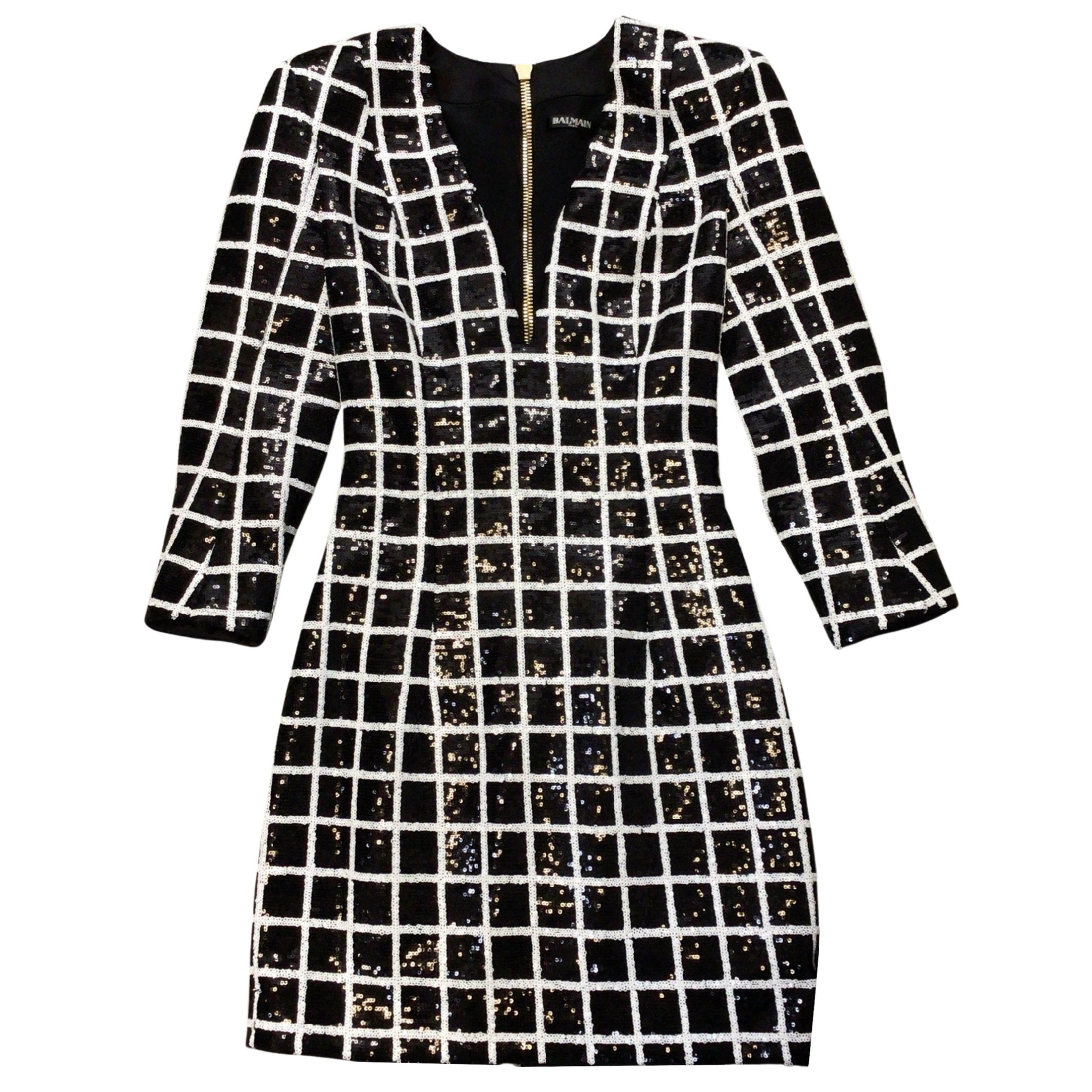 Balmain Black / White Sequined Geometric Grid Print Mini Dress