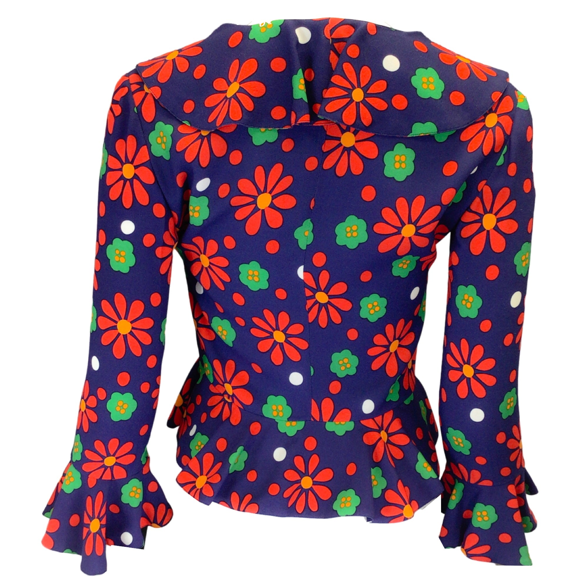 Saint Laurent Blue Rouge Vert Ruffled Floral Printed Crepe Blouse