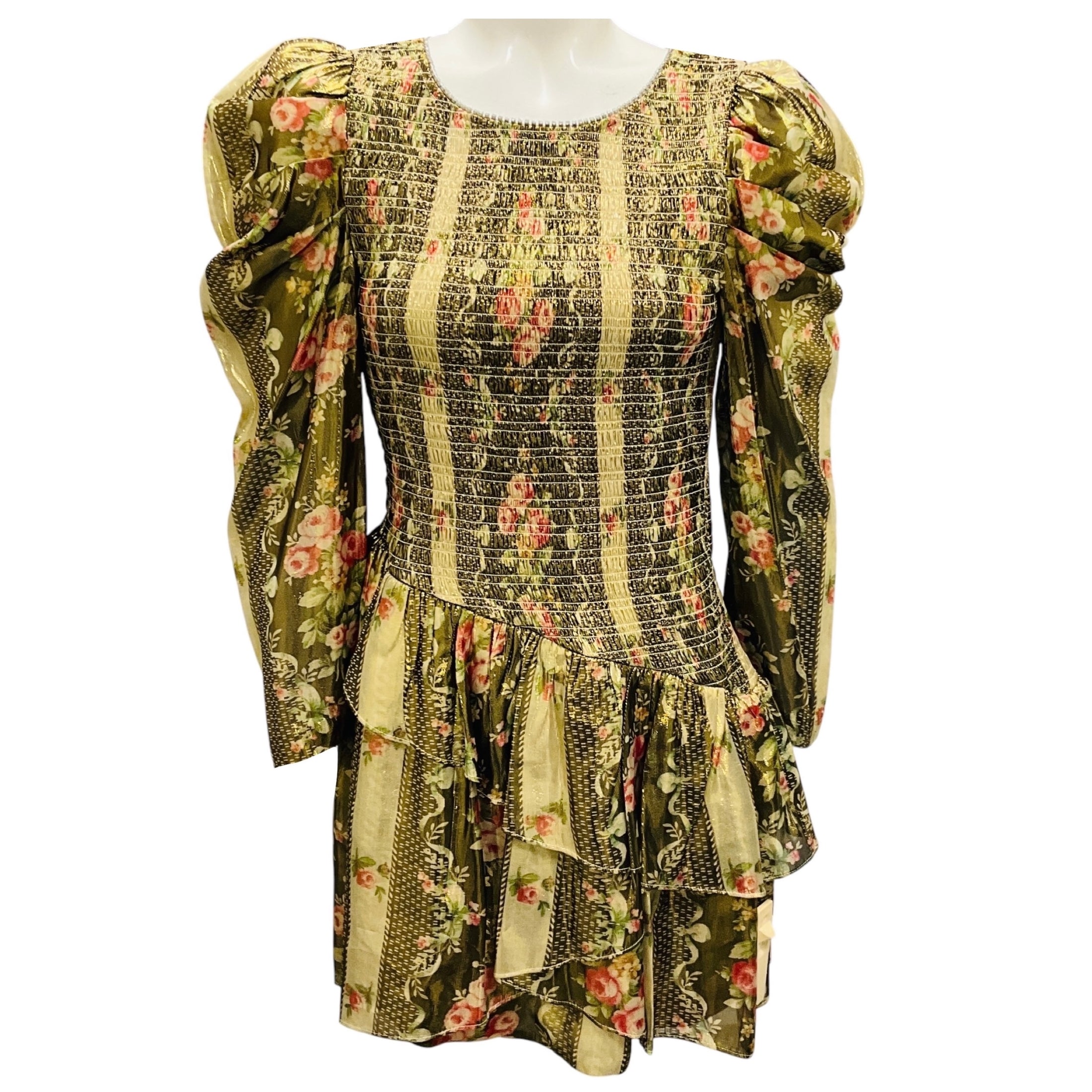 LoveShackFancy Gold Metallic Midnight Ruby Smocked Mini Greenwich Dress