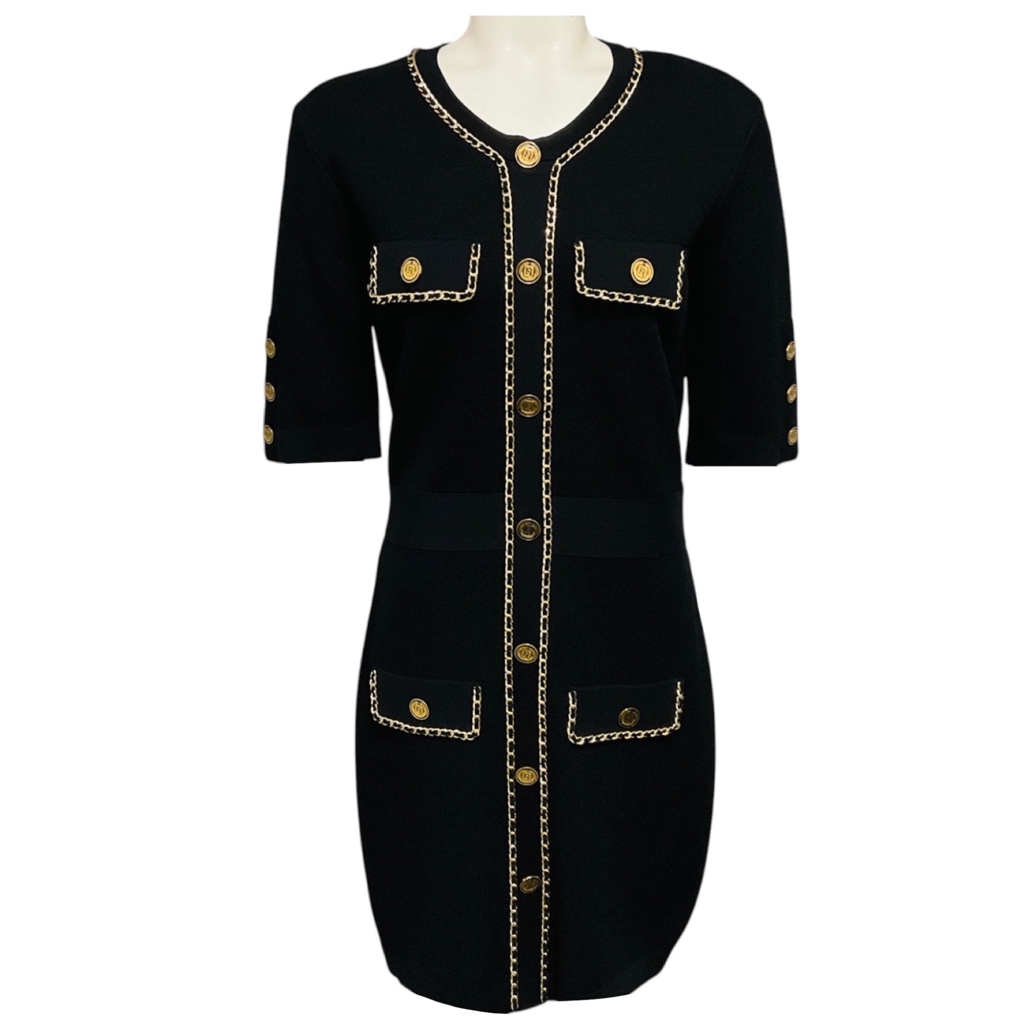 Elisabetta Franchi Black / Gold Chain Detail Viscose Knit Mini Dress