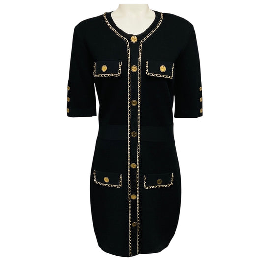 Elisabetta Franchi Black / Gold Chain Detail Viscose Knit Mini Dress
