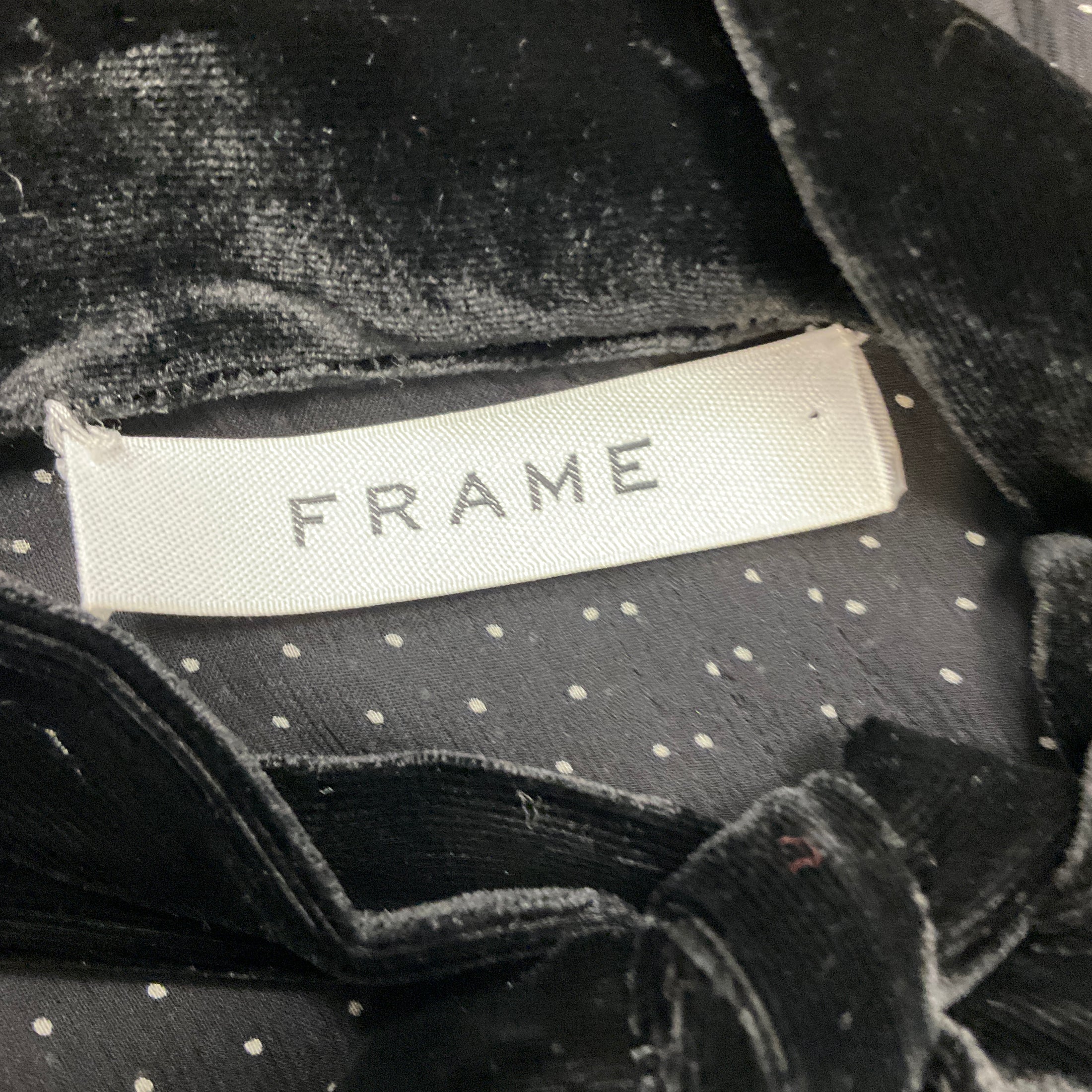 Frame Black / White Velvet Trim Polka Dot Print Silk Dress