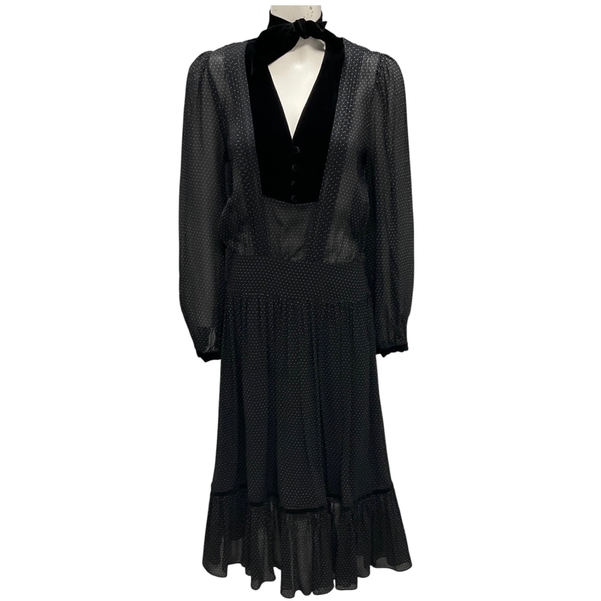 Frame Black / White Velvet Trim Polka Dot Print Silk Dress