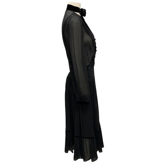Frame Black / White Velvet Trim Polka Dot Print Silk Dress