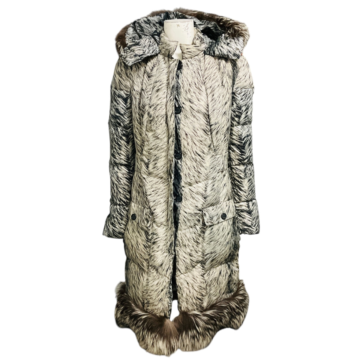 Oscar de la Renta Ivory / Black Printed Silk Puffer Coat with Fox Fur Trim