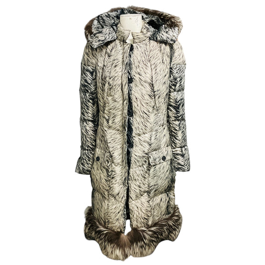 Oscar de la Renta Ivory / Black Printed Silk Puffer Coat with Fox Fur Trim