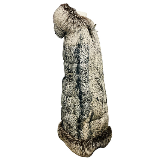 Oscar de la Renta Ivory / Black Printed Silk Puffer Coat with Fox Fur Trim