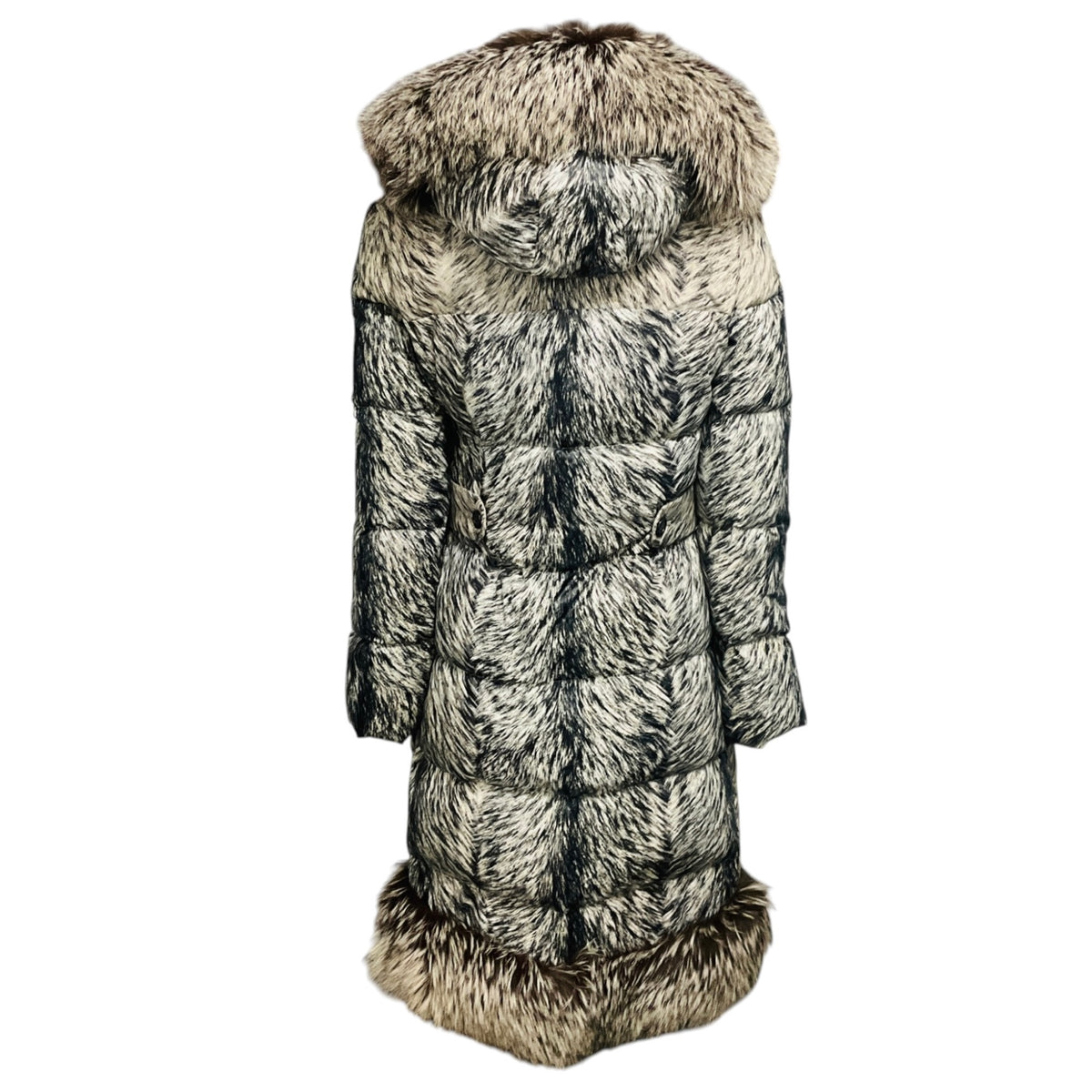 Oscar de la Renta Ivory / Black Printed Silk Puffer Coat with Fox Fur Trim