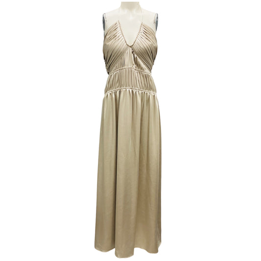 Simkhai Stone Beige Satin Halter Ruched Cutout Maxi Dress