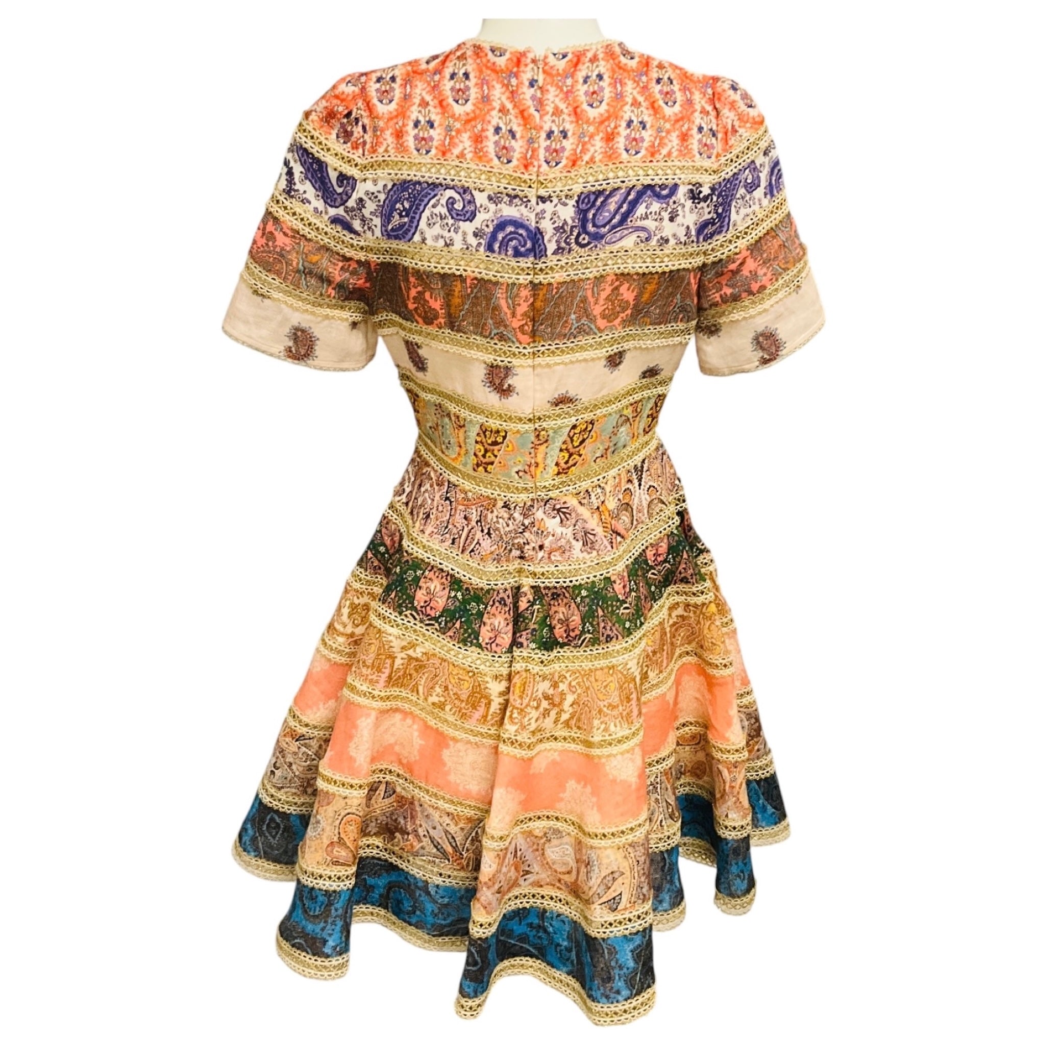Zimmermann Pastel Multi / Gold Metallic Devi Spliced Paisley Print Fit Flare Linen Mini Dress