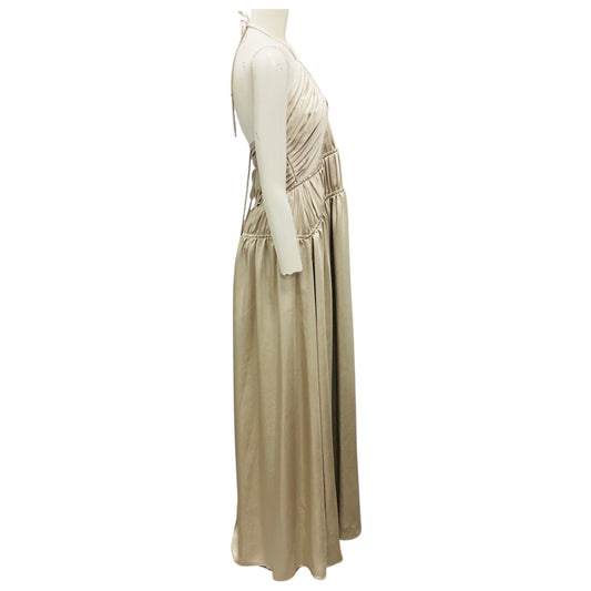 Simkhai Stone Beige Satin Halter Ruched Cutout Maxi Dress