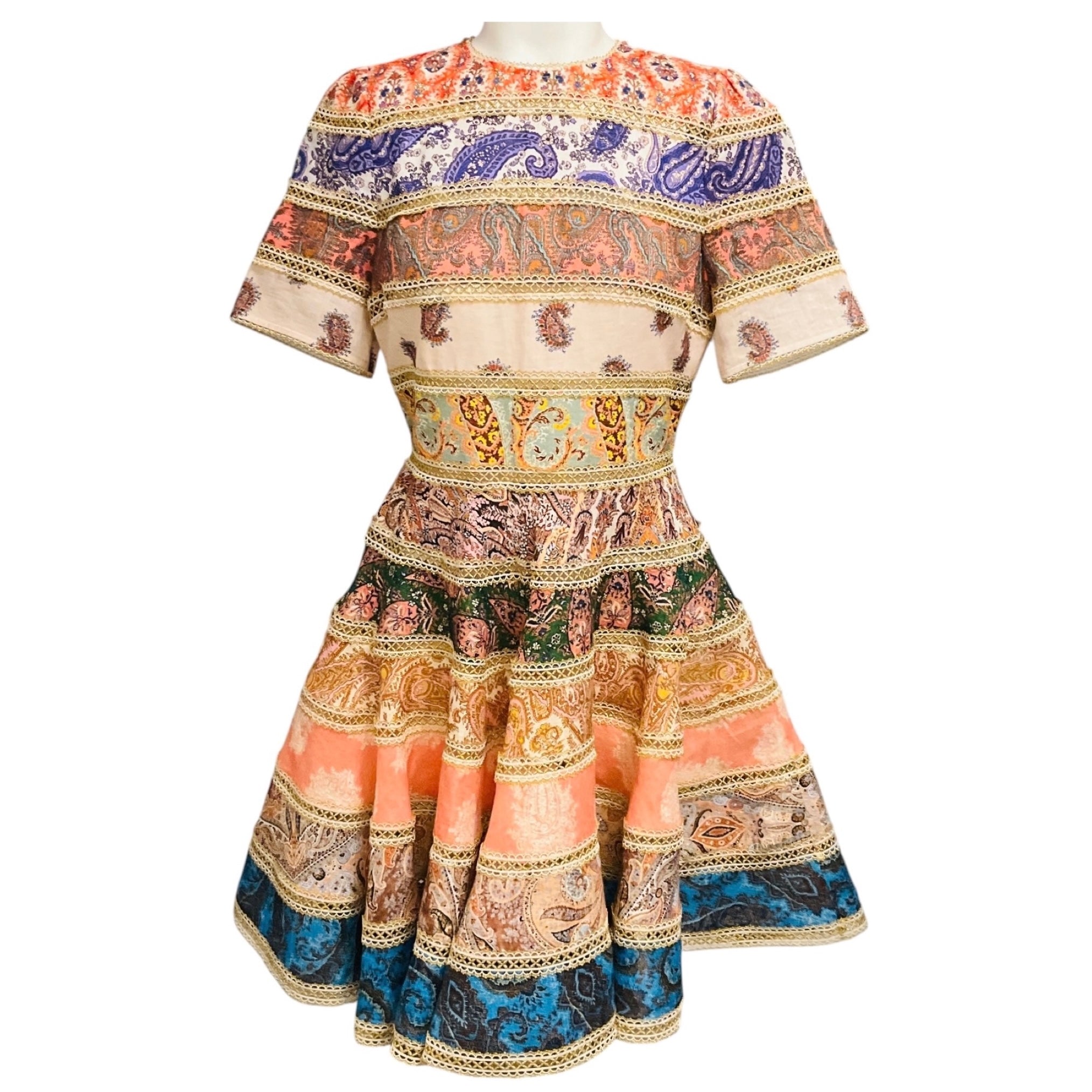 Zimmermann Pastel Multi / Gold Metallic Devi Spliced Paisley Print Fit Flare Linen Mini Dress 